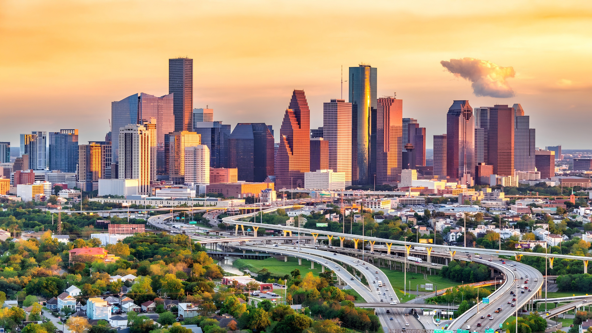 Modern commercial skyline at sunset